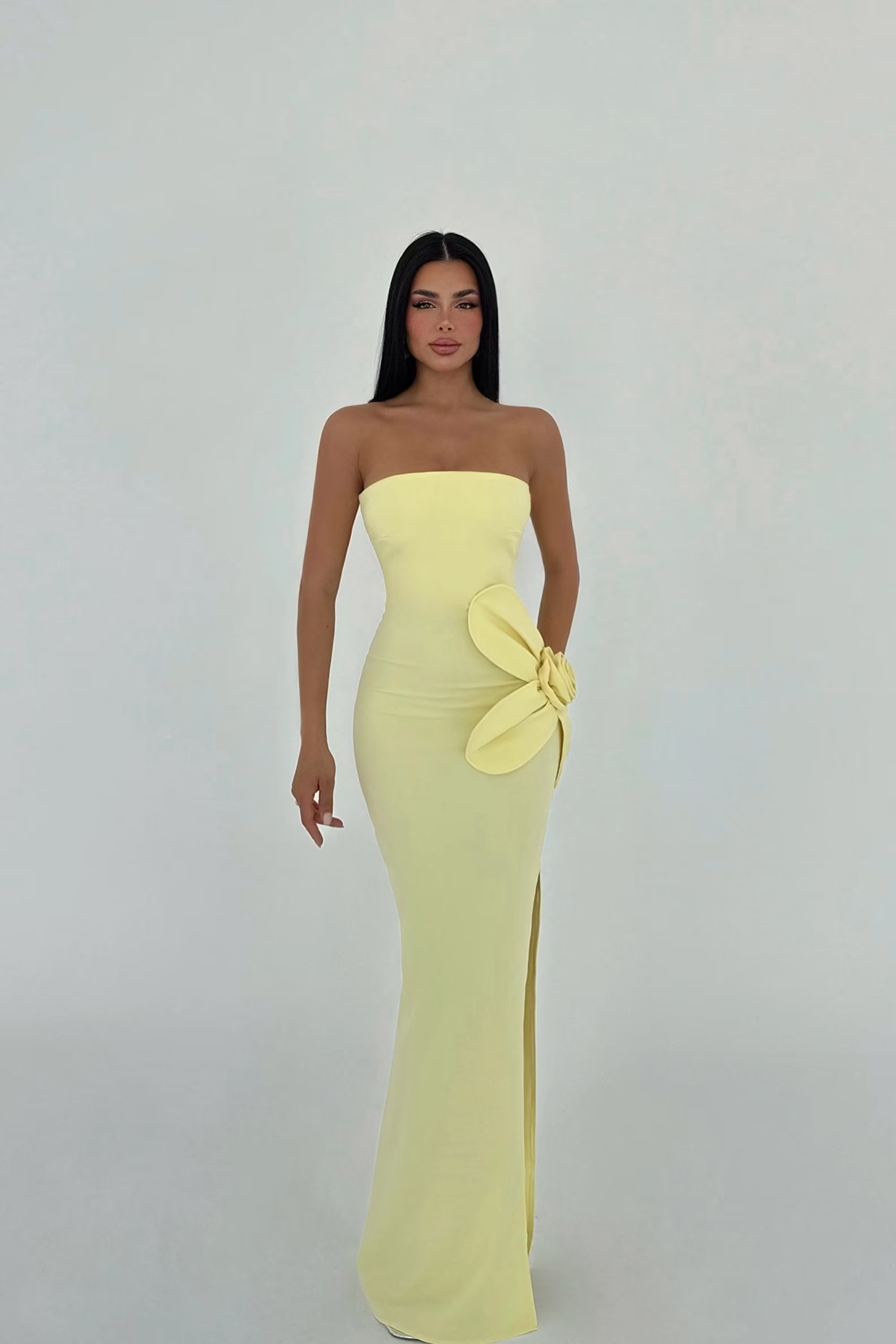 Yellow Rose Detail Strapless Dress