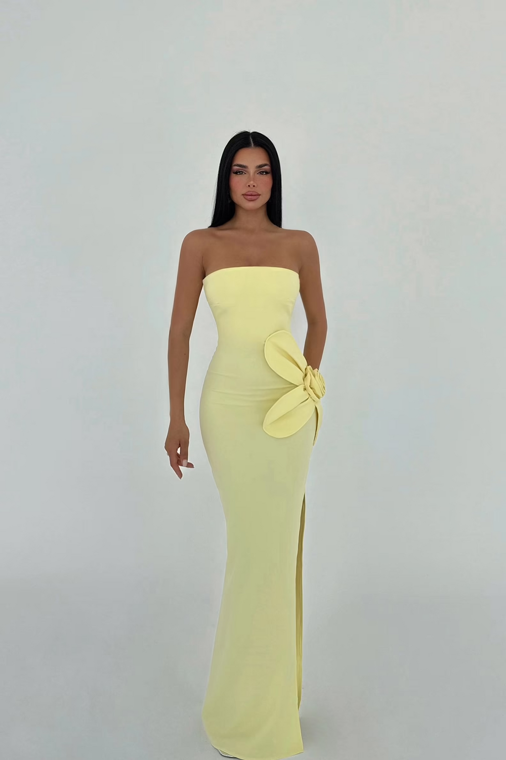 Yellow Rose Detail Strapless Dress
