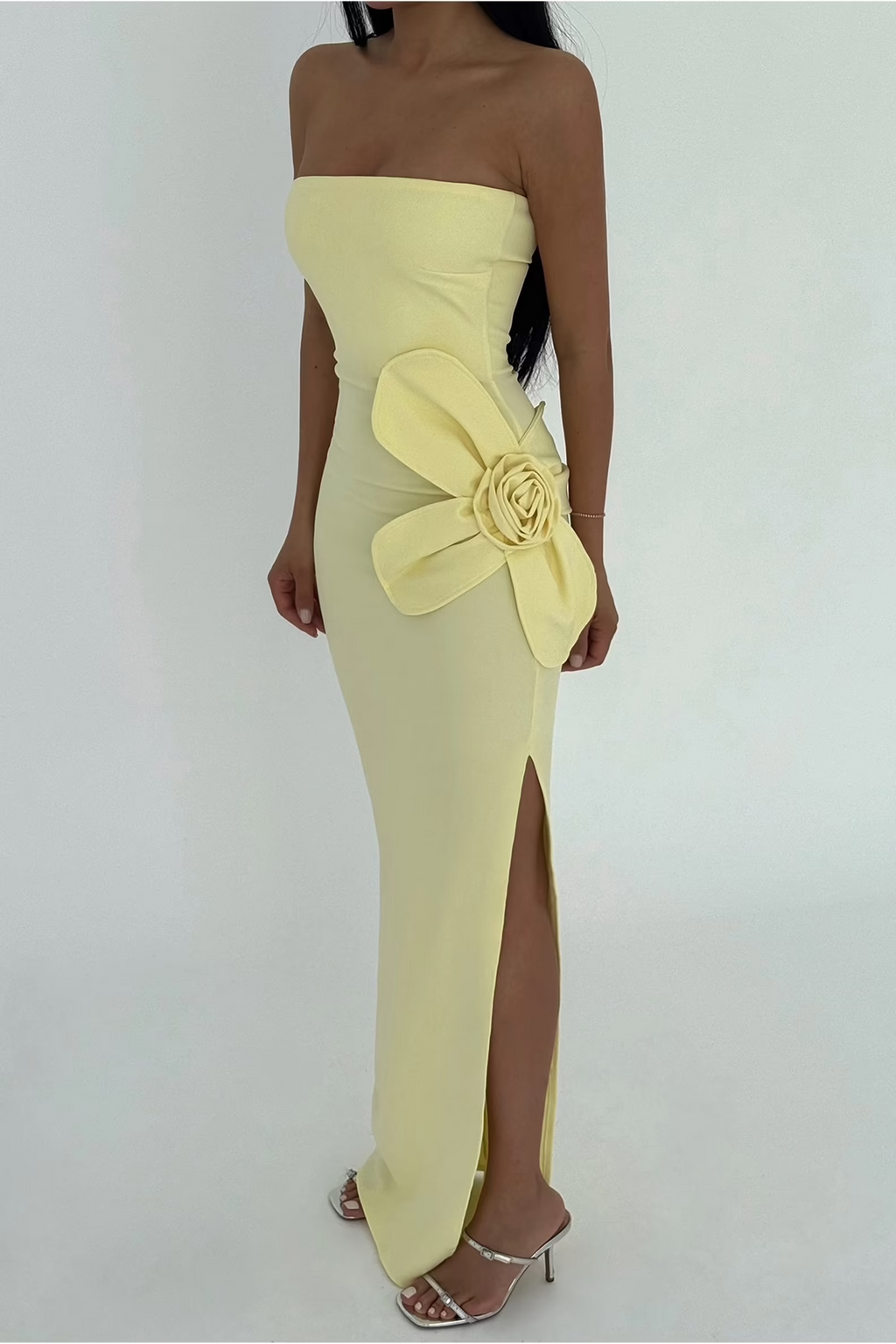 Yellow Rose Detail Strapless Dress