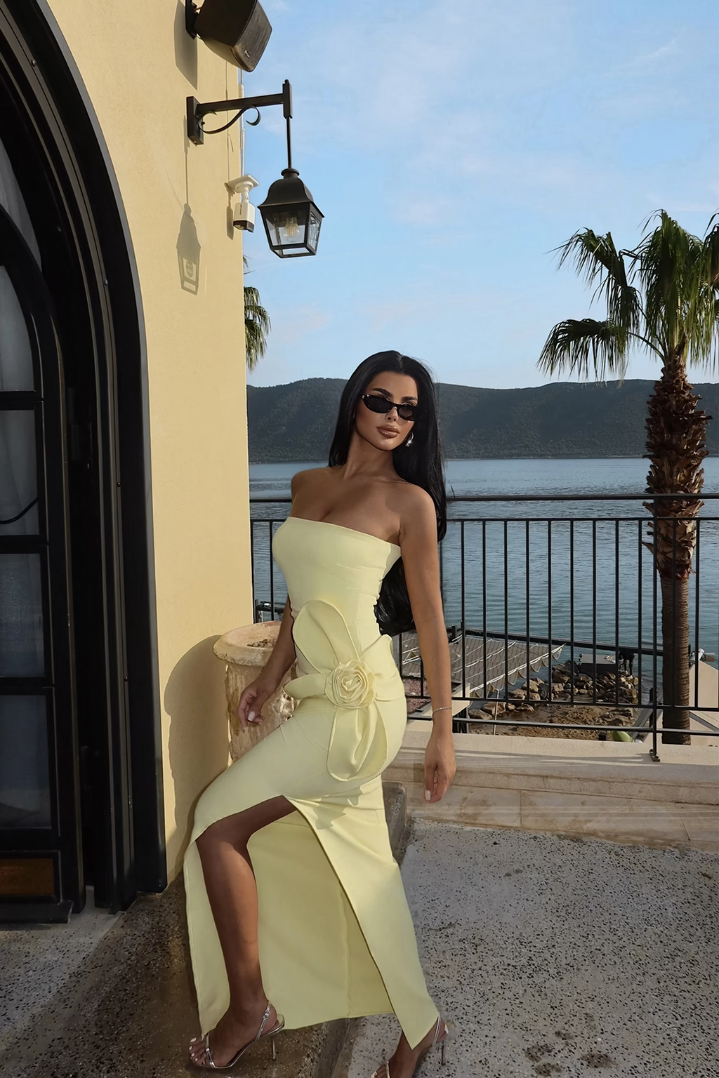 Yellow Rose Detail Strapless Dress