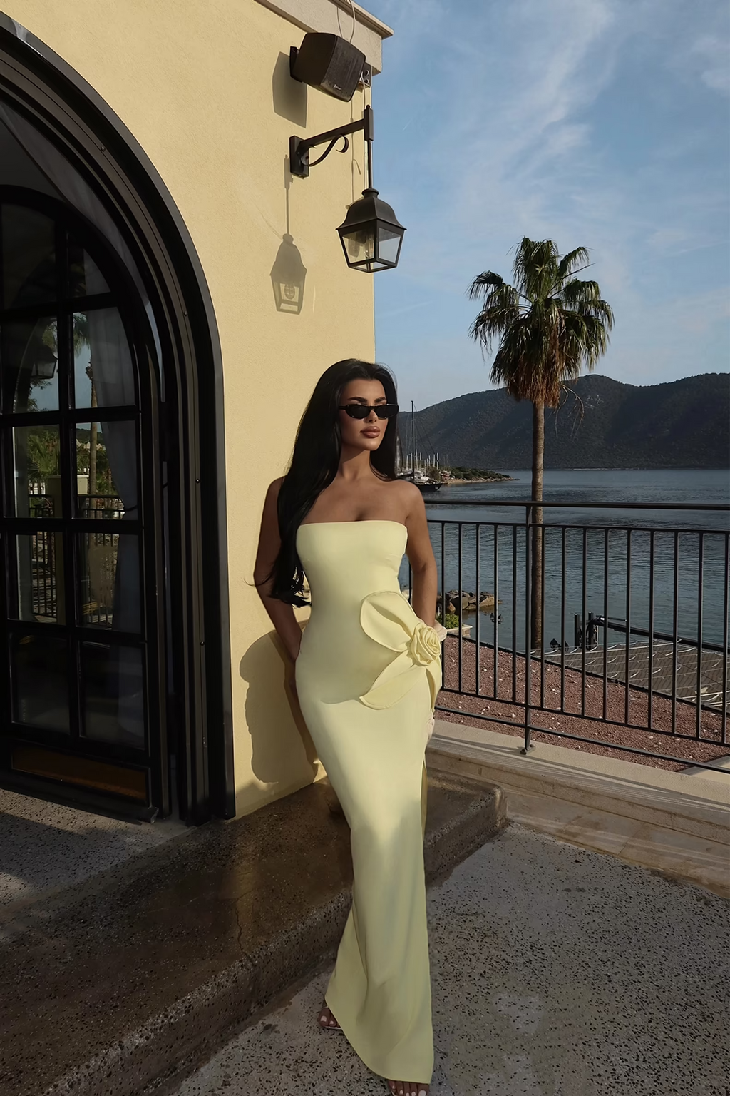 Yellow Rose Detail Strapless Dress